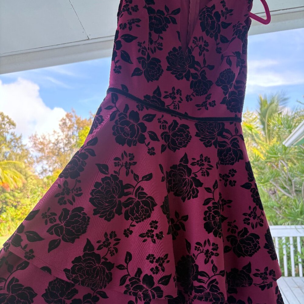 Juniors Burgundy with Black Flowers | Fit & Flare Formal Dress